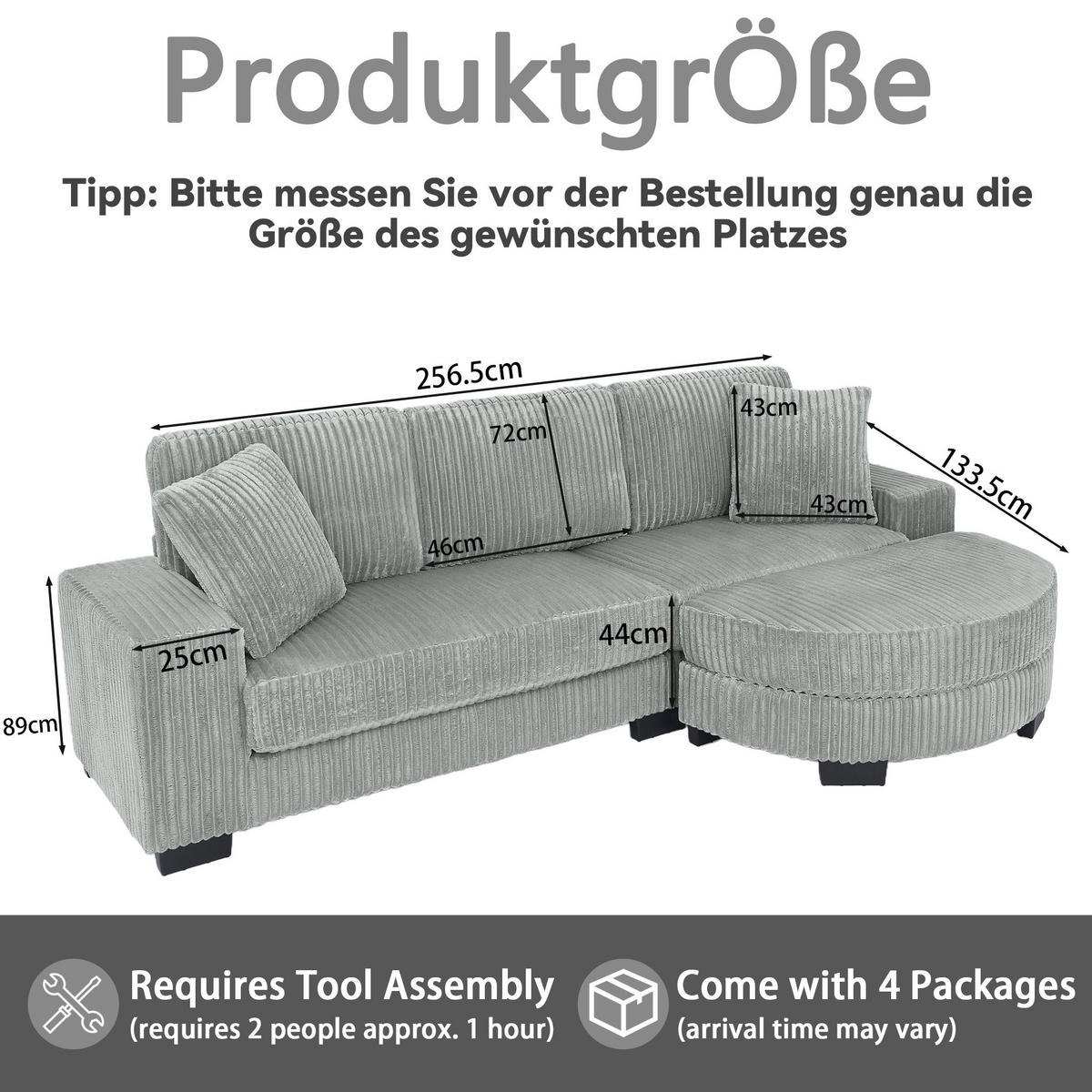 ECKSOFA 256.5/133.5/89 cm Grau Cord mit 2 Kissen und ovaler Fußhocker - Grau, Textil (133.5/89/256.5cm) - Oxeza