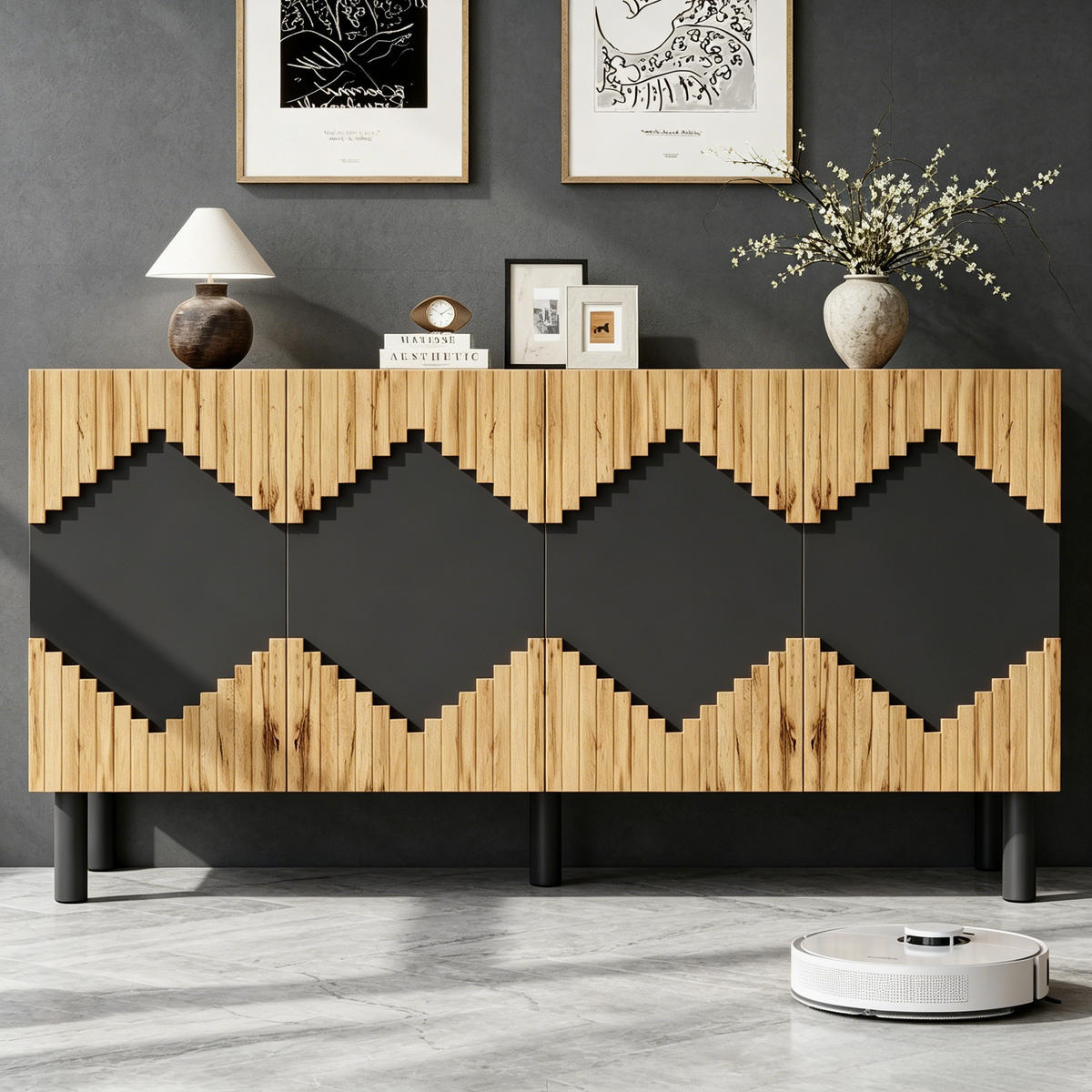 KUCHYŇSKÁ SKŘÍŇ v přírodní a černé barvě se 2 dvířky do obývacího pokoje a jídelny, 140×40×70 cm - přírodní/černá, kov/kompozitní dřevo (140/70/40cm) - STILVORA