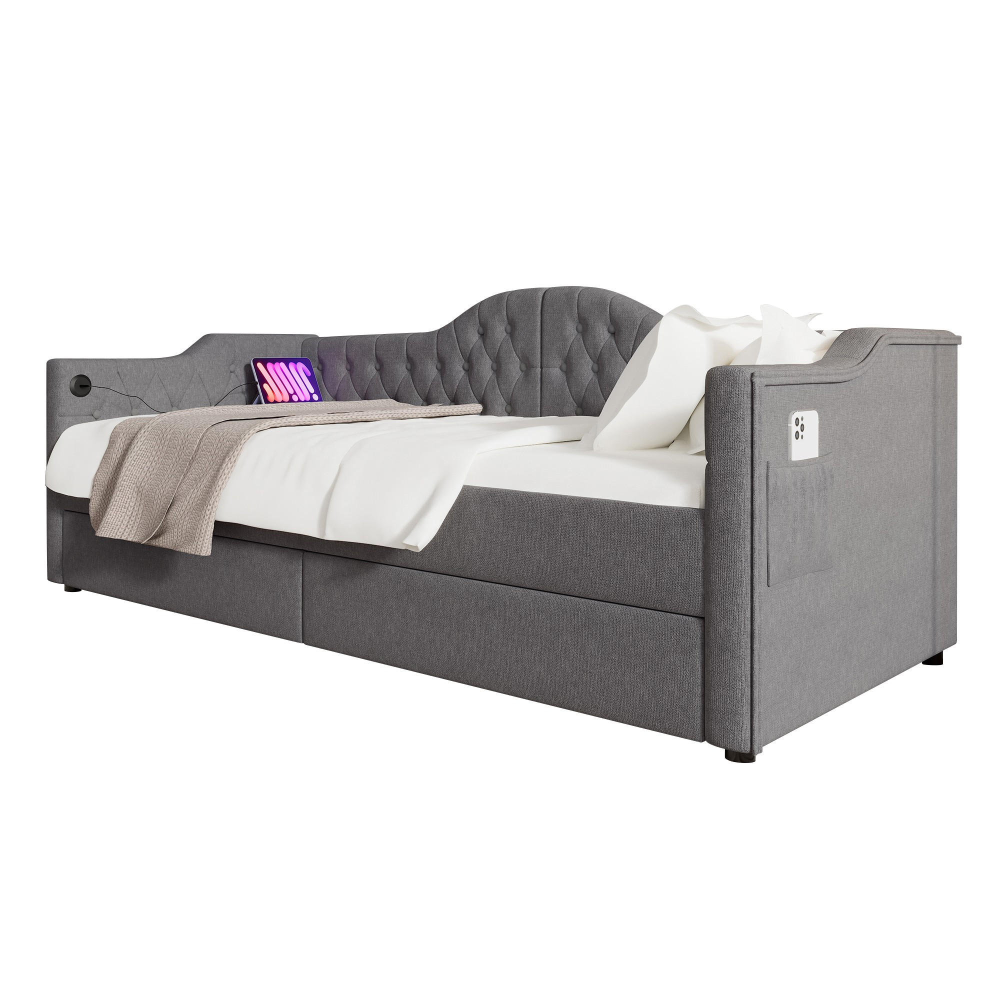 TAGESBETT mit 2 Schubladen und USB/Type-C 90x200 cm Leinen Grau - Grau, Metall (90/200cm) - Meubliv