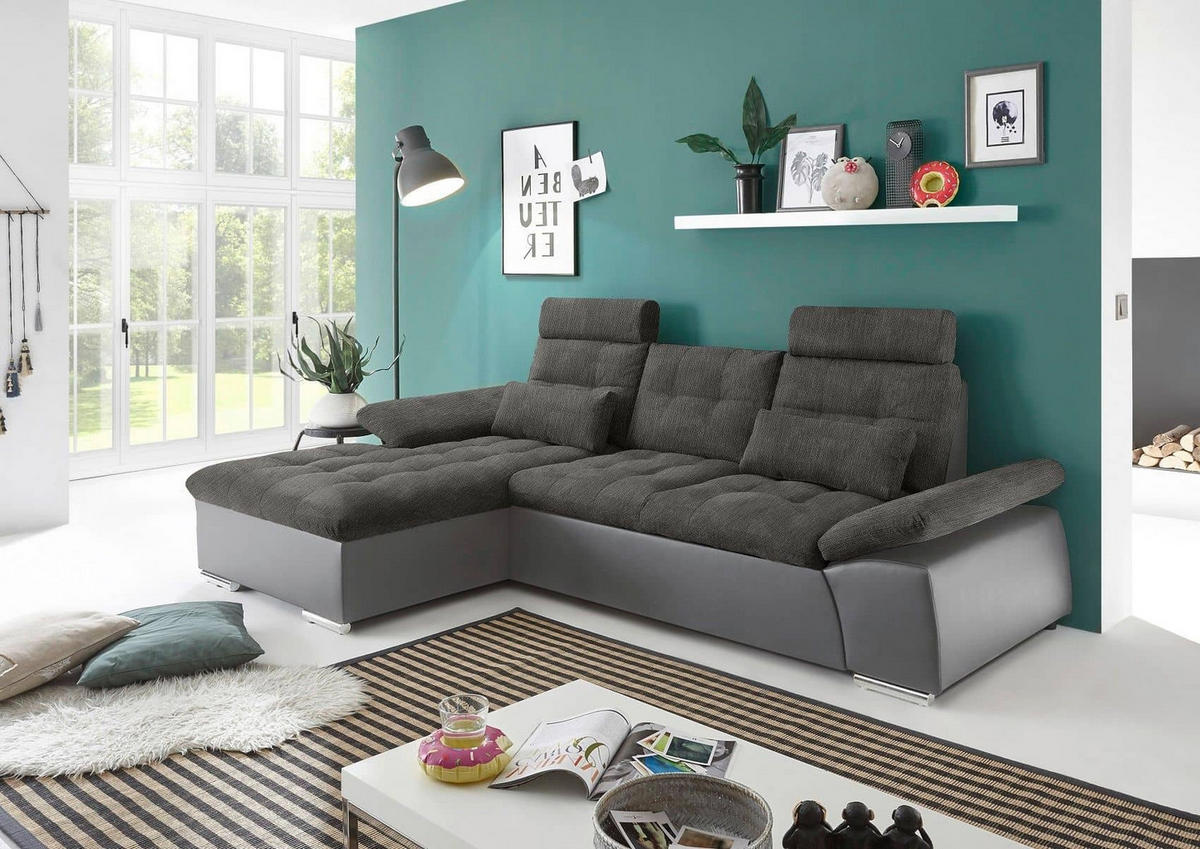 ECKSOFA mit Schlaffunktion und verstellbaren Armlehnen - Chromfarben/Dunkelgrau, Kunststoff/Textil (268/170cm) - ed exciting design