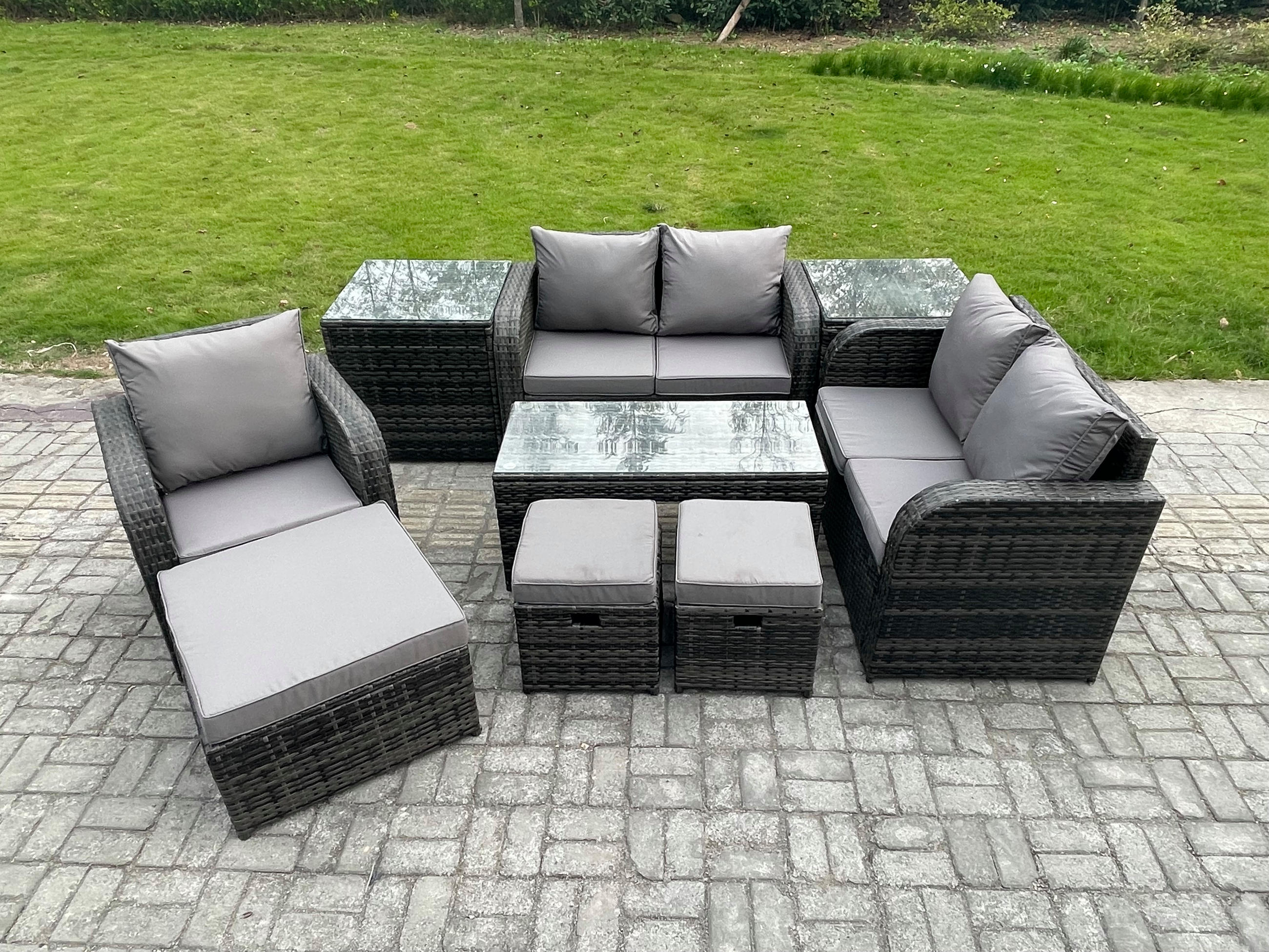 GARTENSOFA SET mit rechteckigem COUCHTISCH Polyrattan 8-Sitzer Dunkelgrau - Dunkelgrau/Grau, Glas/Kunststoff - Fimous