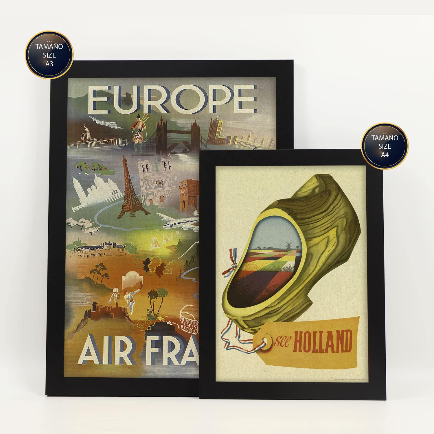 POSTER Set Mit 6 Europäische Länder Vollfarbige Illustrationen Von Vintage Tourismus Werbetafeln Aus Der Ganzen Welt A3 & A4 Schwarzer Rahmen - Schwarz, Papier (29/3cm) - Nacnic