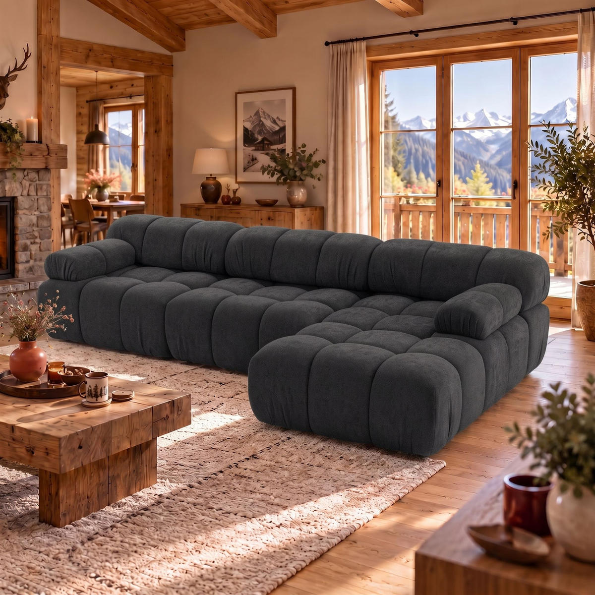 MODULARES Ecksofa MOMENTUM L, Rechts, Breite 282 cm, strukturierter Stoff, Schwarz - Chromfarben/Schwarz, Holz/Textil (155/282cm) - Muffo