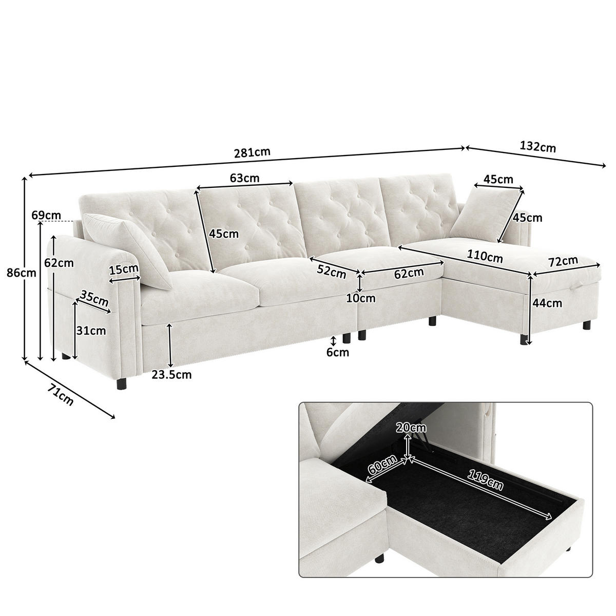 ECKSOFA 281/132/86 cm Beige aus Samt mit Bettfunktion und Stauraum - Beige, Textil (132/281cm) - OKWISH