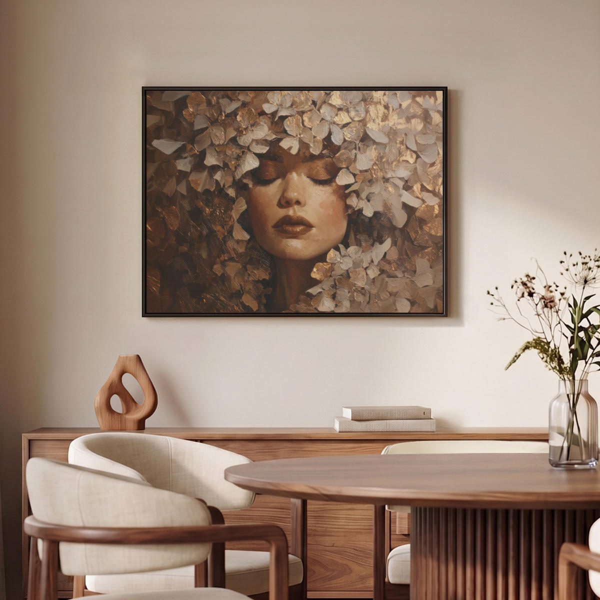 LEINWAND Bilder mit Rahmen - Gesicht - Dame - Blätter - Pinselstriche - 70x50 - Goldfarben, Textil (70/50cm) - MuchoWow