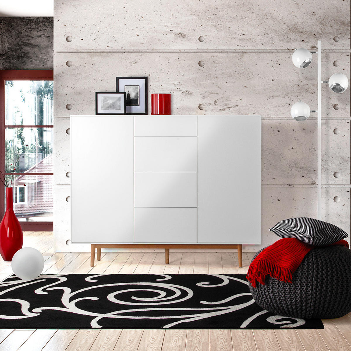 HIGHBOARD mit 4 Schubladen - Weiß / Eiche - 160/128/40 cm - Eichefarben/Weiß, Holz/Holzwerkstoff (160/128/40cm) - home24