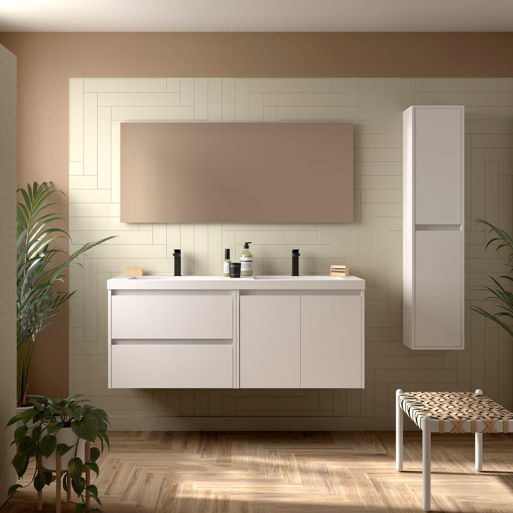 BADEZIMMERMÖBEL NOJA 1400 2 Türen und 2 Schubladen WHITE SATIN + Waschtisch + Spiegel - Taupe/Schwarz, Metall (45/54/140cm) - Salgar