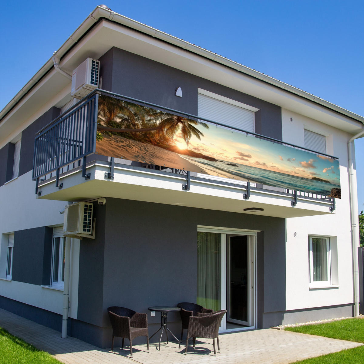 BALKON-SICHTSCHUTZ Strand - Palmen - Meer - Sonnenuntergang 500x100 cm - Samtahornfarben, Kunststoff (500/100cm) - MuchoWow