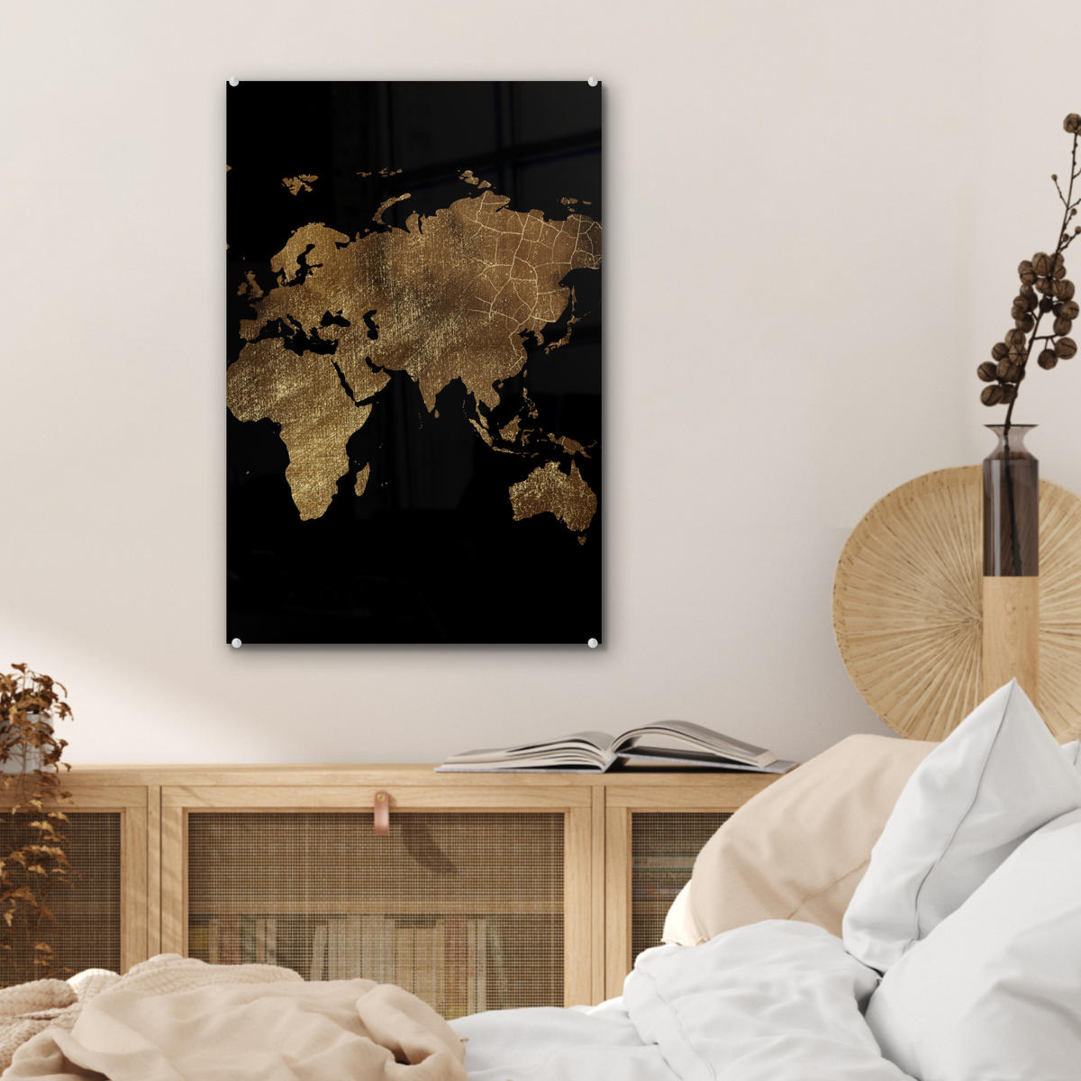 ACRYLGLASBILD Weltkarte - Gold - Luxus - Erde - Schwarz 40x60 cm - Goldfarben, Glas (40/60cm) - MuchoWow