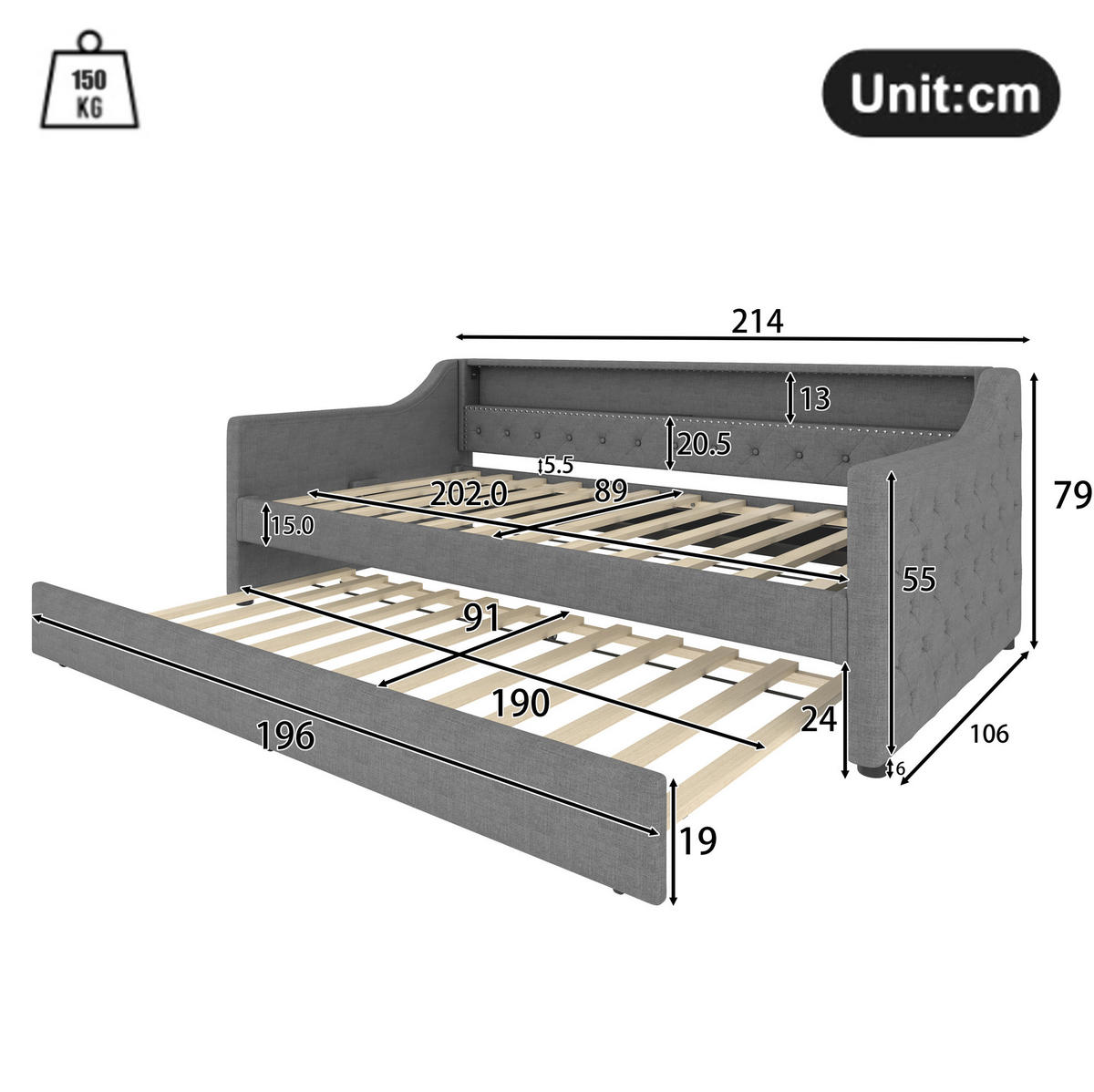 POLSTERBETT 90/200 cm Grau mit LED-Beleuchtung und USB-Anschlüssen - Grau, Textil (90/200cm) - Flora Grace