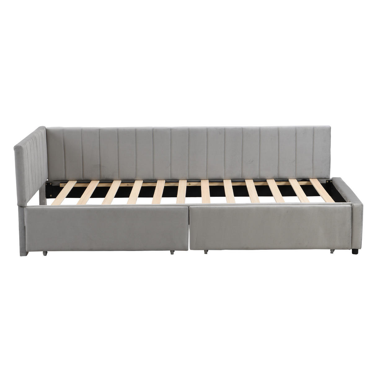 ČALOUNĚNÁ postel 90/200 cm šedá z látky se dvěma úložnými zásuvkami a lamelovým roštem - šedá, kůže (90/200cm) - OKWISH