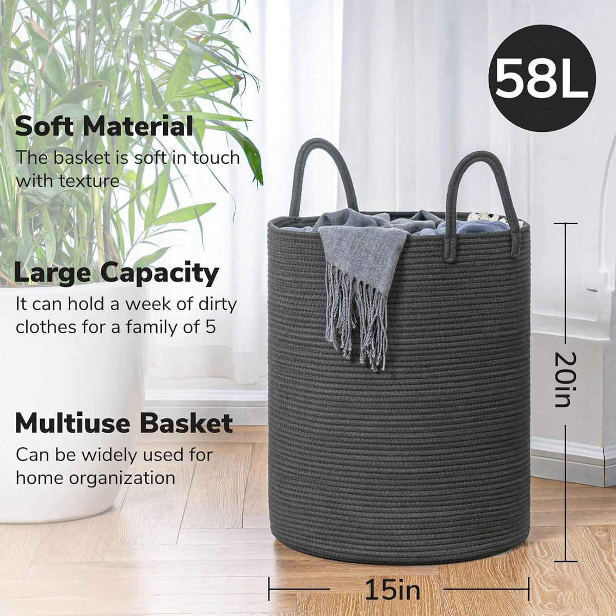 WÄSCHEKORB geflochten 38 x 50 cm Grau - Grau, Textil (38/51/38cm)