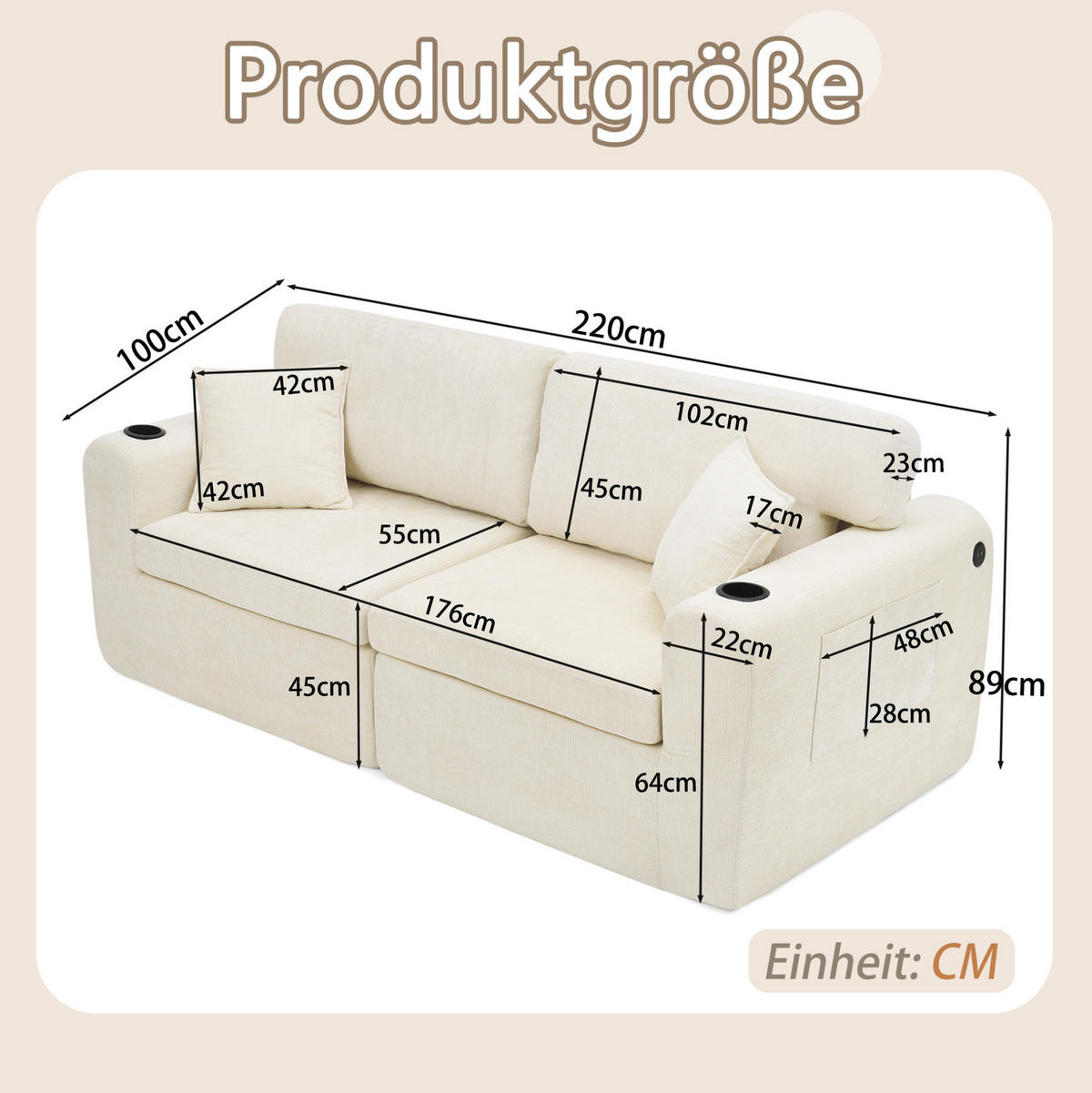 SOFA 2-Sitzer Chenille Beige - Beige, Kunststoff (220/89/100cm) - Meubliv