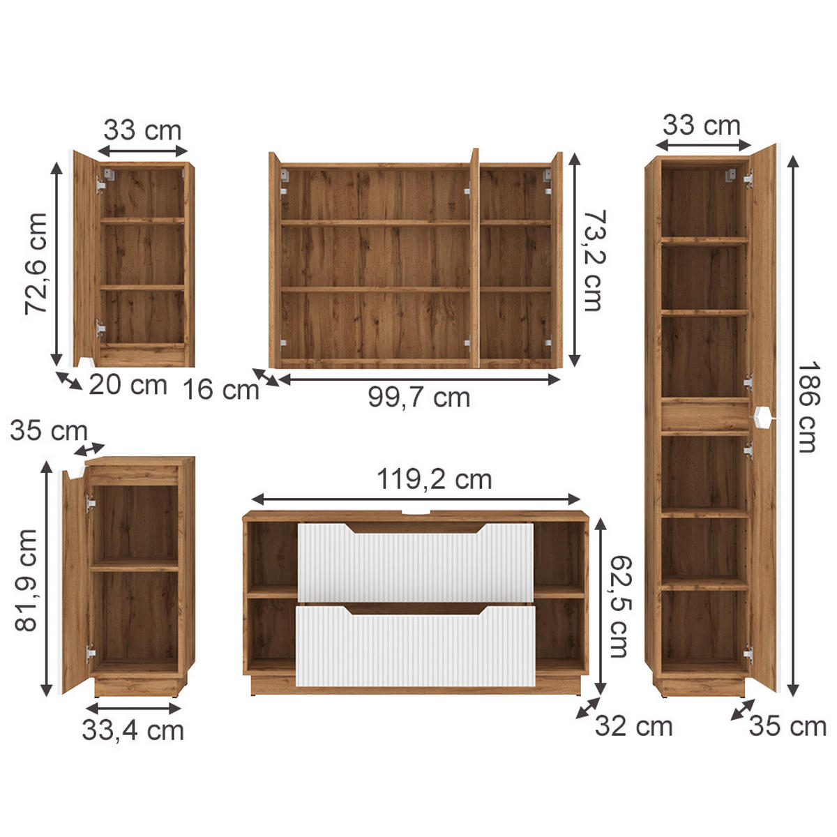 BADMÖBEL-SET Lotta Eiche/weiß gestreift 5 Teile - Weiß, Holzwerkstoff (119.2/62.5/35cm) - Vicco