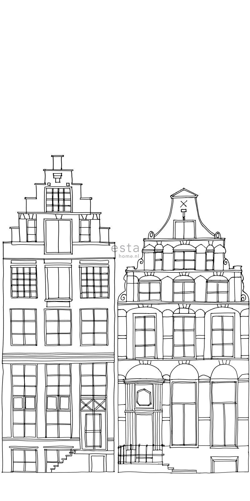 FOTOTAPETE gezeichnete Amsterdamer Grachtenhäuser 150 x 279 cm - Schwarz, Papier (150/279cm) - ESTAhome