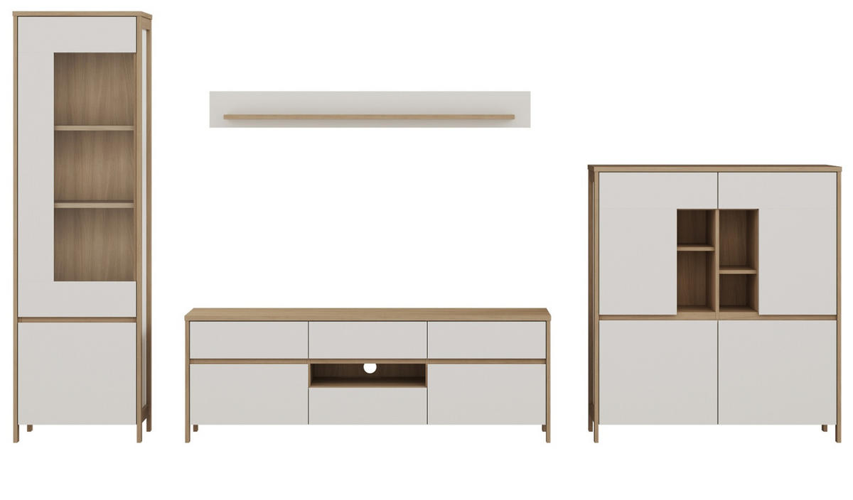 WOHNWAND weiß, Eiche 4-teilig 360 cm, Wohnkombination skandinavisch mit Soft-Close, Finnes - Eichefarben/Weiß, Holzwerkstoff/Metall (363/195/39cm) - Furn.Design