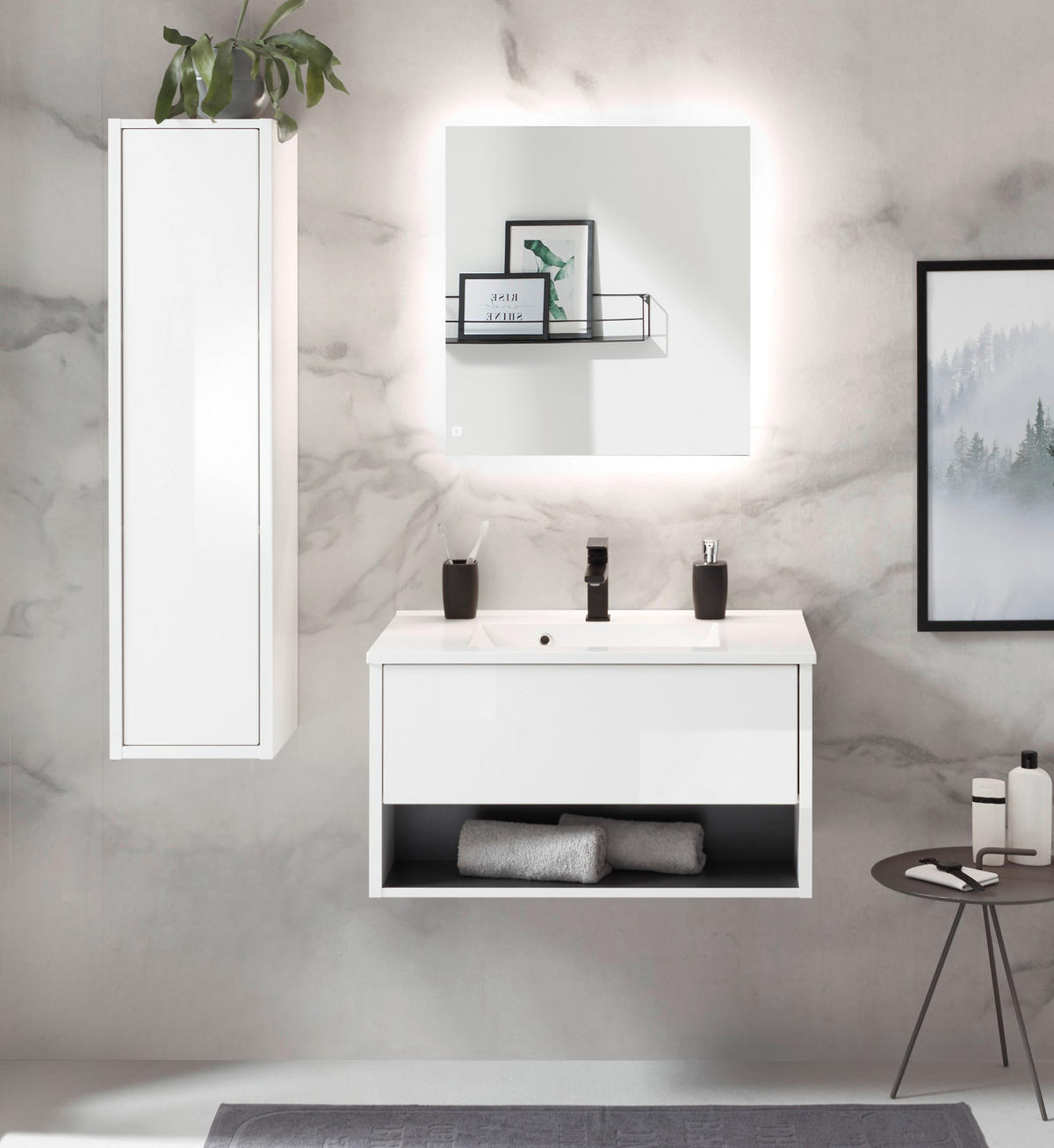 HOCHSCHRANK weiß Hochglanz, grau 30 x 119 cm, Badschrank Türanschlag wechselbar Glide - Weiß Hochglanz/Grau, Holzwerkstoff (30/119/30cm) - Furn.Design