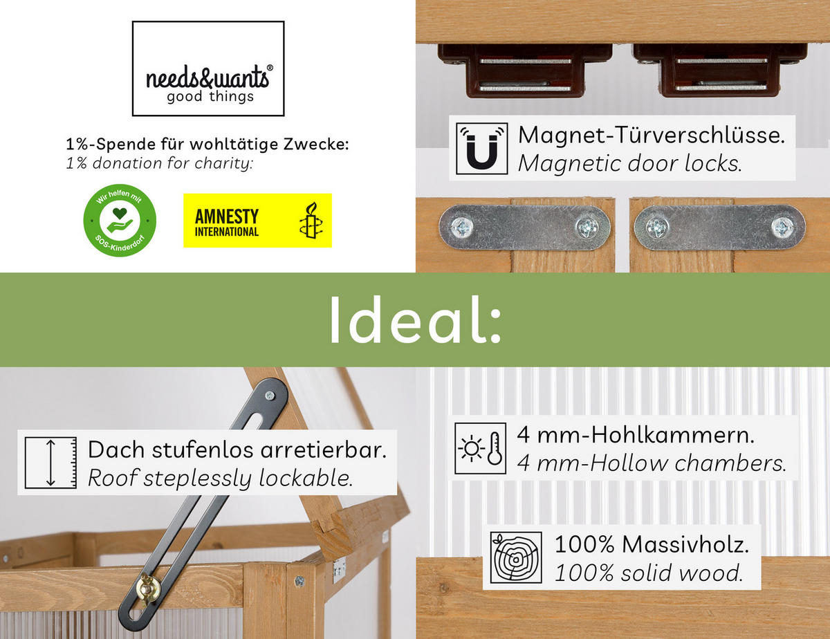 GEWÄCHSHAUS aus Holz für Balkon & Garten, mit Polycarbonat - Braun, Holz (56/76/43cm) - needs&wants