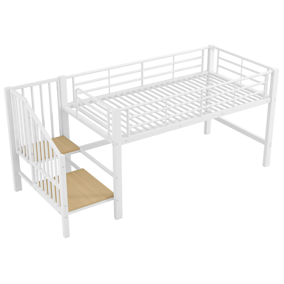 HALBHOHES HOCHBETT 90/200 cm, Weiß mit Stauraumtreppe und Lattenrost - Weiß, Metall (90/200cm) - MIVRAY