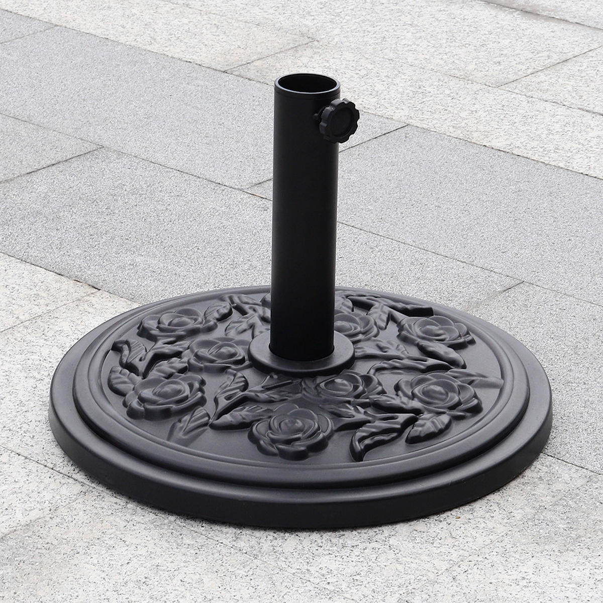 SONNENSCHIRMFUSS aus Kunststoff mit dekorativem Blumenmuster Schwarz wetterfest und standfest ohne Befüllen Ø45 × 25 cm 10 kg - Schwarz, Kunststoff/Metall (57/51cm) - Livingandhome
