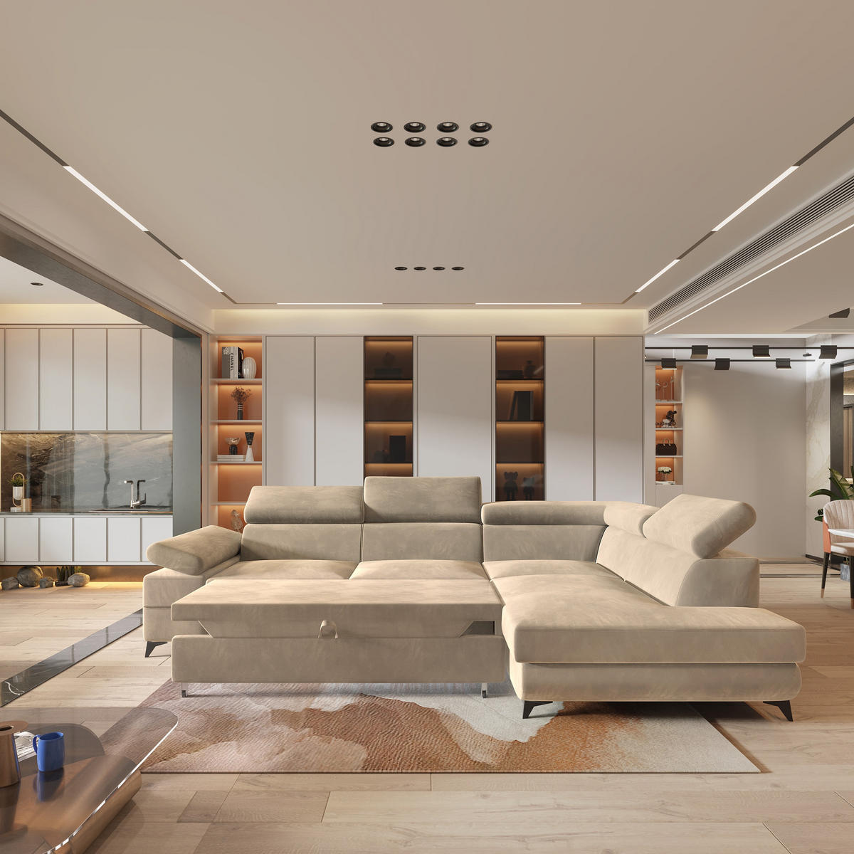 ECKSOFA FAVIEN R-S Creme Velours-Stoff mit Schlaffunktion - Creme, Holz (257/190cm) - MASSENO