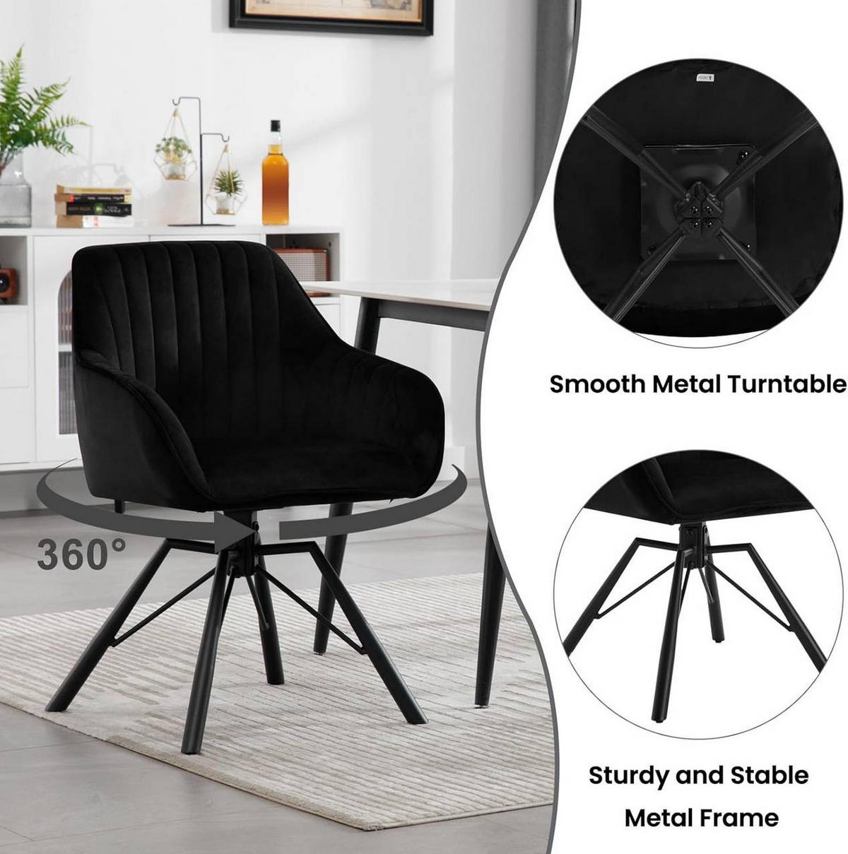 ESSZIMMERSTUHL drehbar, Samt Sessel, Schwarz - Schwarz, Textil/Metall (57/83.5/53cm) - Woltu