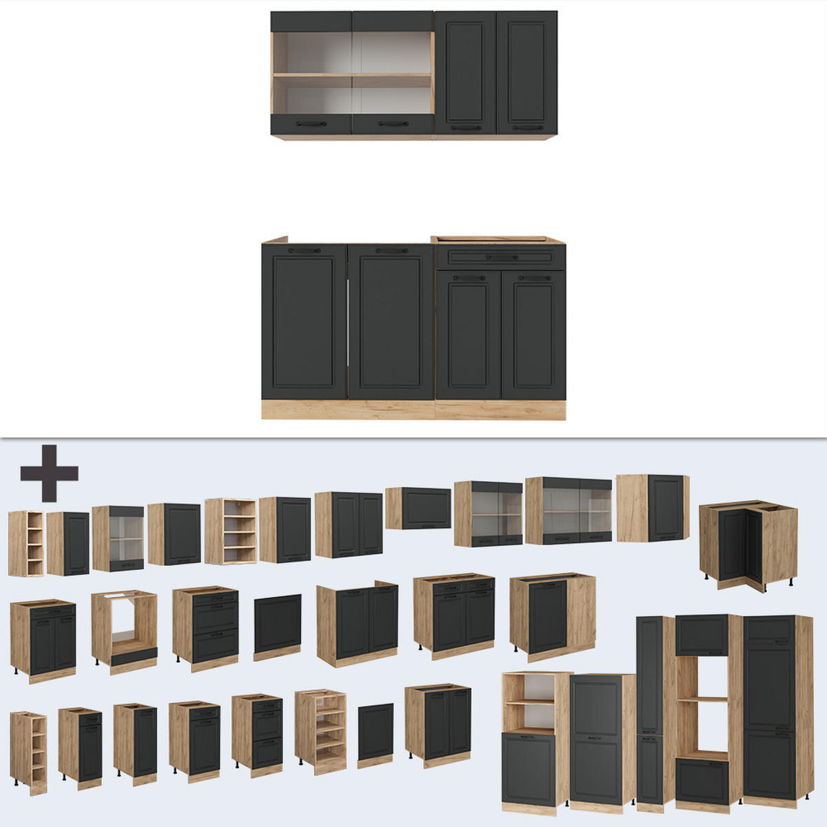 SINGLEKÜCHE R-Line Anthrazit Landhaus/Goldkraft Eiche 140 cm ohne Arbeitsplatte - Honigeiche/Anthrazit, Holzwerkstoff (140/81.6/46cm) - Vicco