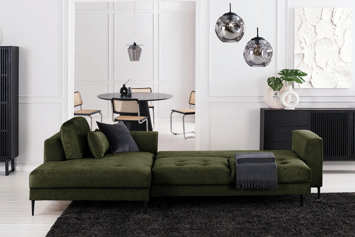 ECKSOFA mit Longchair - Dunkelgrün, Textil/Metall (275/168cm) - home24