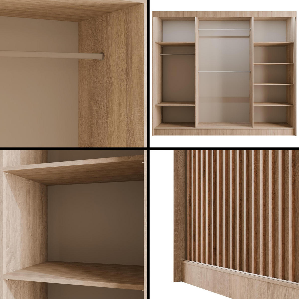 KLEIDERSCHRANK mit LED, Lamel-Schiebetüren VILANv2 - 250 cm Sonoma Eiche + Sonoma Eiche + Lamelle Eiche Wotan - Eiche Wotan/Sonoma Eiche, Holzwerkstoff (250/215/61cm) - ALTDECOR