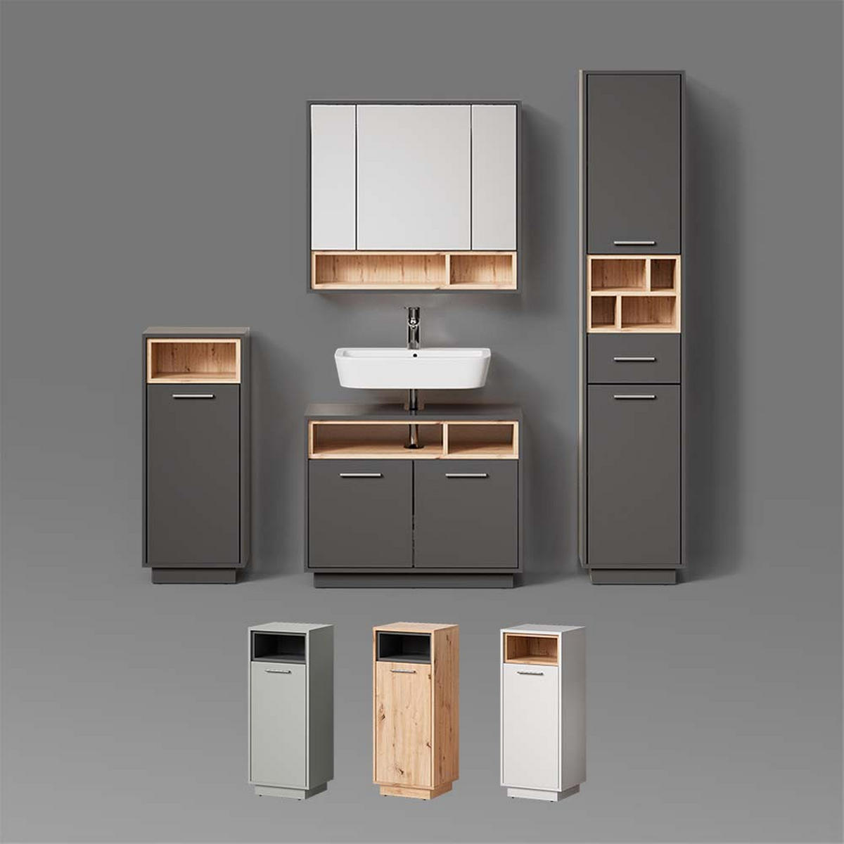 BADSCHRANK Temo Artisan Eiche/Anthrazit 38 x 190 cm mit Türen, Schublade und offenen Fächern - Anthrazit/Eiche Artisan, Holzwerkstoff (38/190/30cm) - Livinity®