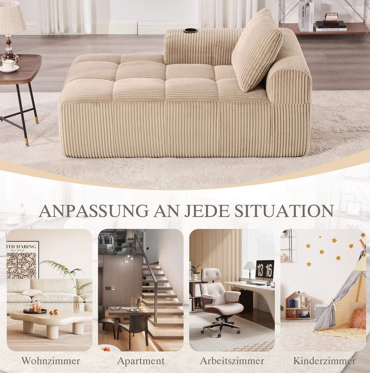 LOUNGESESSEL Cord mit Seitenfächern und Becherhalter 158/93/61 cm Sandfarben - Sandfarben, Textil (93/61/158cm) - Redom