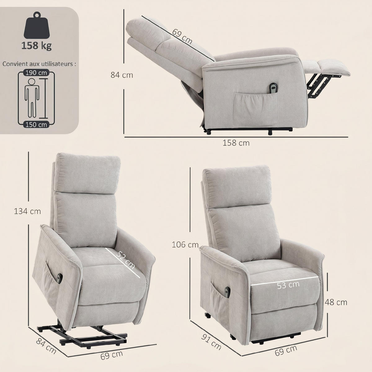 RELAXSESSEL,ELEKTRISCH Chenille Federkernkissen verstellbare Lehne,grau - Grau, Textil (69/106/91cm) - Vallsero