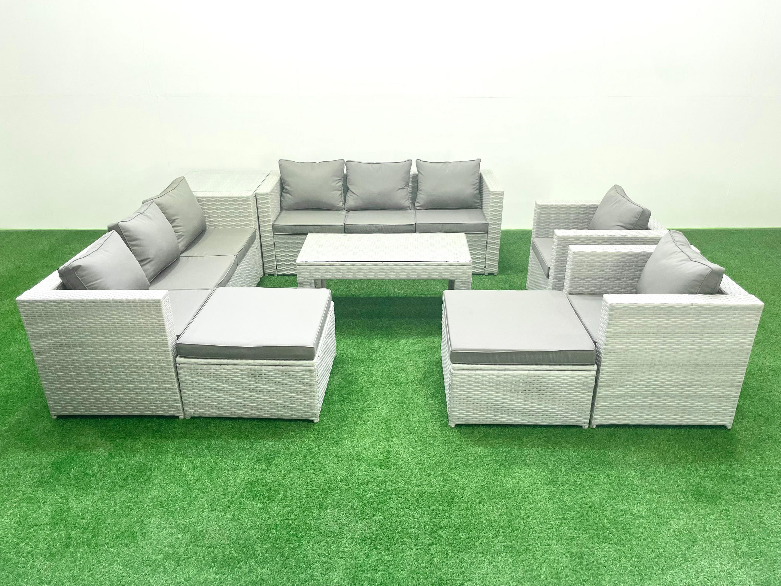 GARTENSOFA hohe Rückenlehne Polyrattan Hellgrau-Mix 10-Sitzer - Hellgrau/Grau, Glas/Kunststoff - Fimous