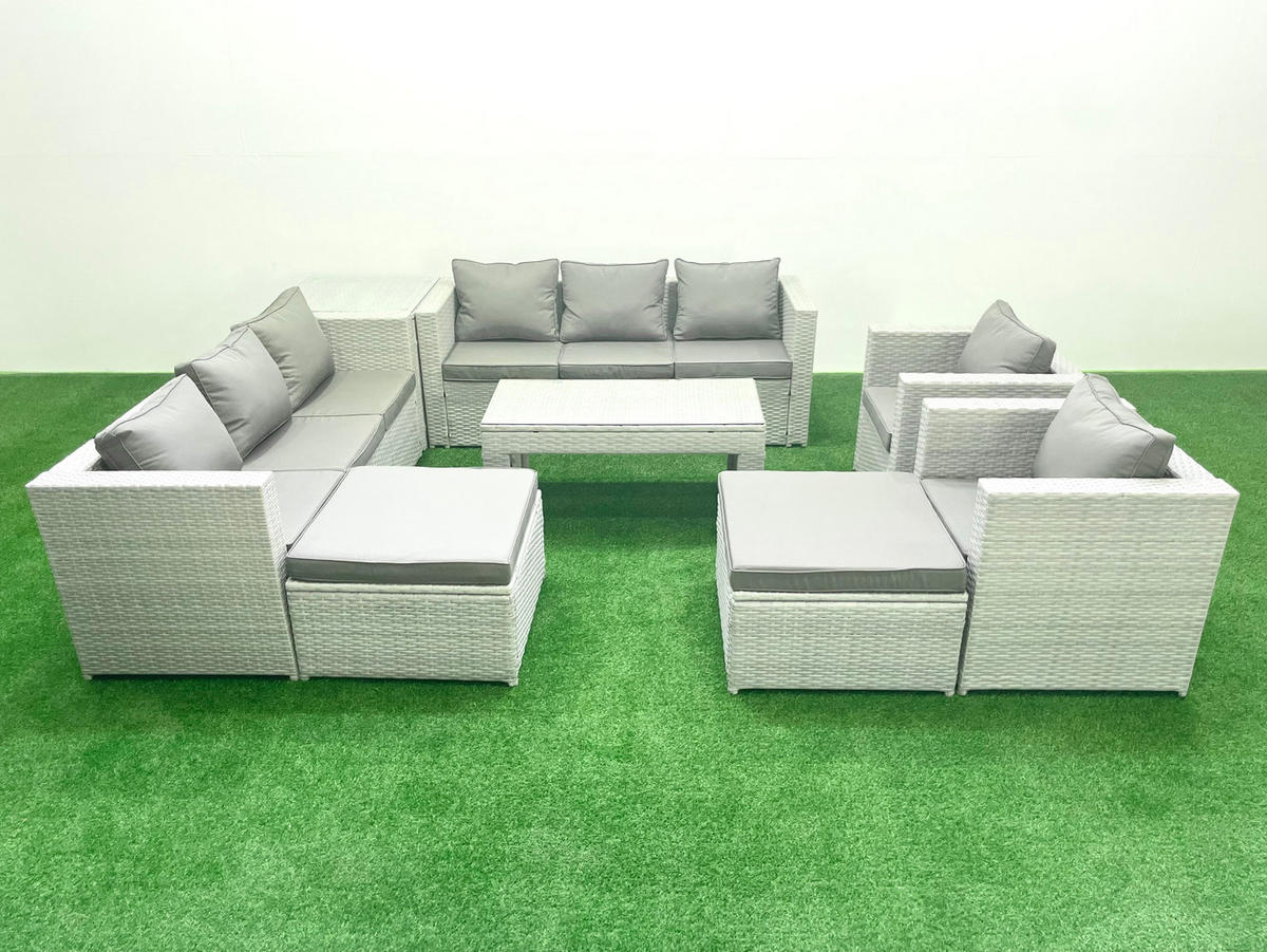 GARTENSOFA hohe Rückenlehne Polyrattan Hellgrau-Mix 10-Sitzer - Hellgrau/Grau, Glas/Kunststoff - Fimous