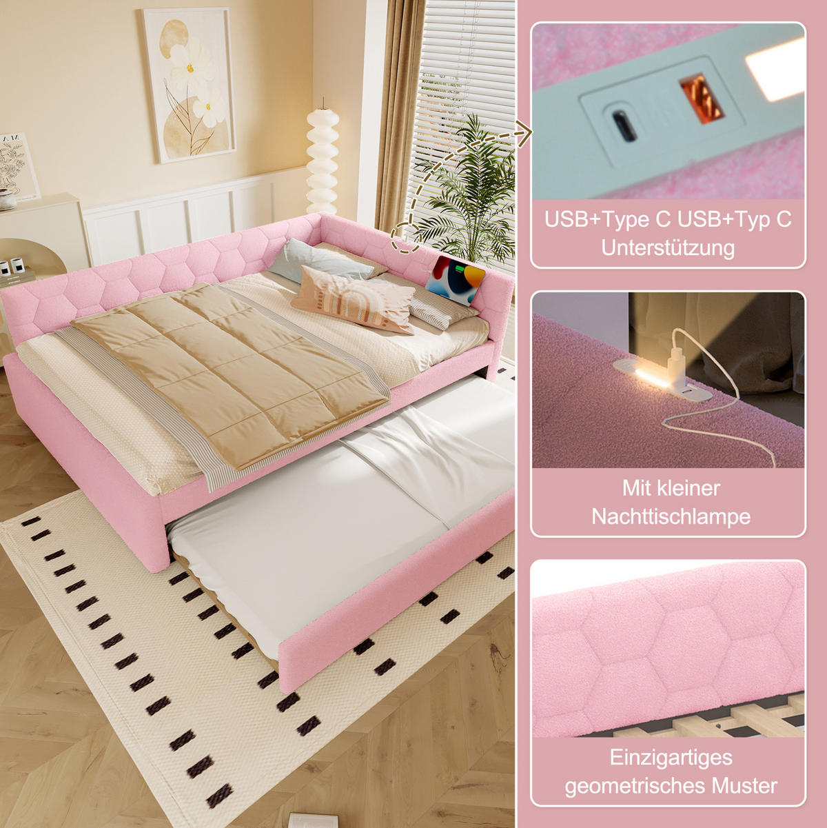 TAGESBETT 140/200 cm mit Ausziehbett, USB- und Typ-C-Anschluss, Nachttischlampe und Vliesimitat-Bezug, Rosa/Weiß - Rosa, Textil (140/200cm) - Redom