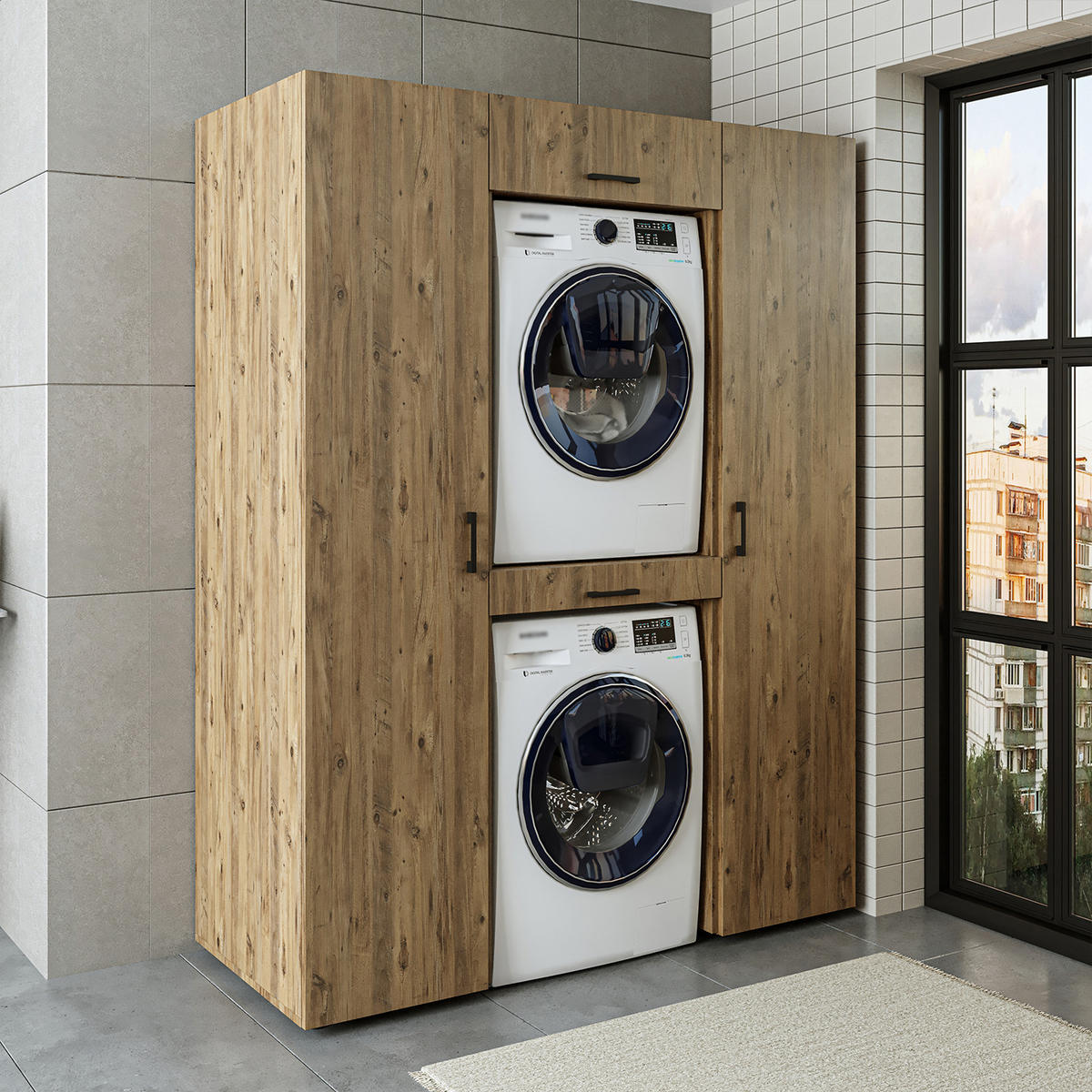 WASCHMASCHINENSCHRANK DUO-I 157cm Breit, 205cm Hoch - Eichefarben, Holzwerkstoff (157/205/67cm)