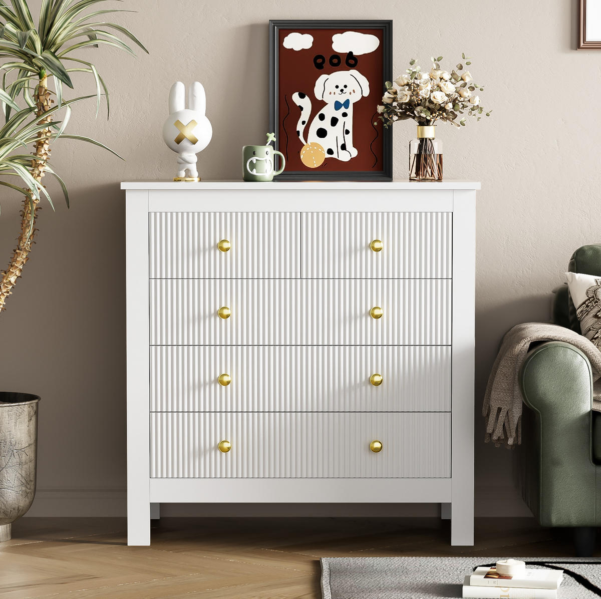 SIDEBOARD 79/39,5/80,5 cm aus Spanplatte mit 5 Schubladen und Goldgriffen Weiß - Weiß, Holzwerkstoff (79/80.5/39.5cm) - Modenvie