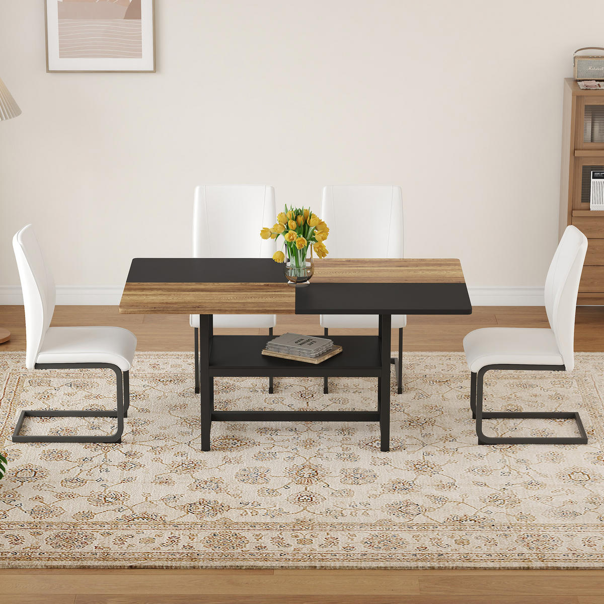 ESSGRUPPE DE-39342 5-teilig, mit Abstellregal und 4 PU-Sesseln Weiß - Weiß, Holzwerkstoff (160/76/90cm) - ComfortXL