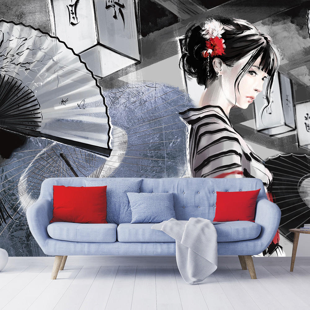 FOTOTAPETE, Japanische Geisha Fan Vintage Blau Grau - Grau, Papier (368/254cm) - Feeby