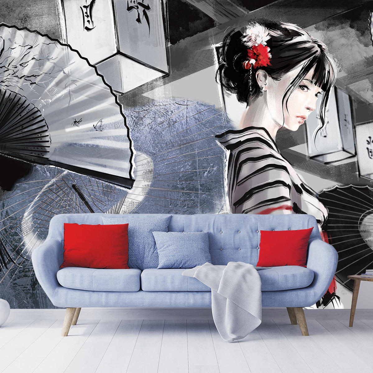FOTOTAPETE, Japanische Geisha Fan Vintage Blau Grau - Grau, Papier (368/254cm) - Feeby