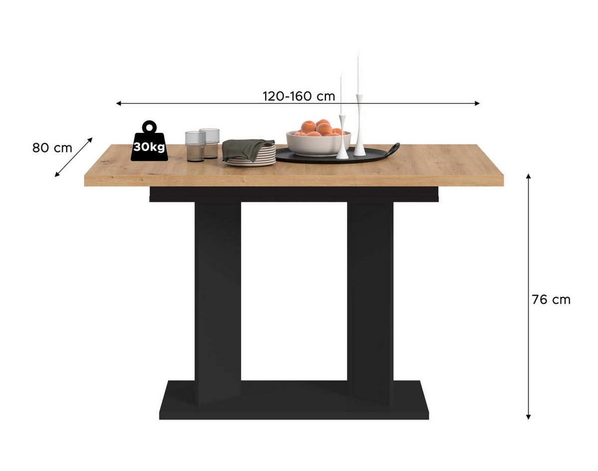 ESSTISCH GUSTAV (B/H/T: ca. 160/76/80 cm) in schwarz/Artisan Eiche Nachbildung - Schwarz, Holzwerkstoff (80/160/76cm)