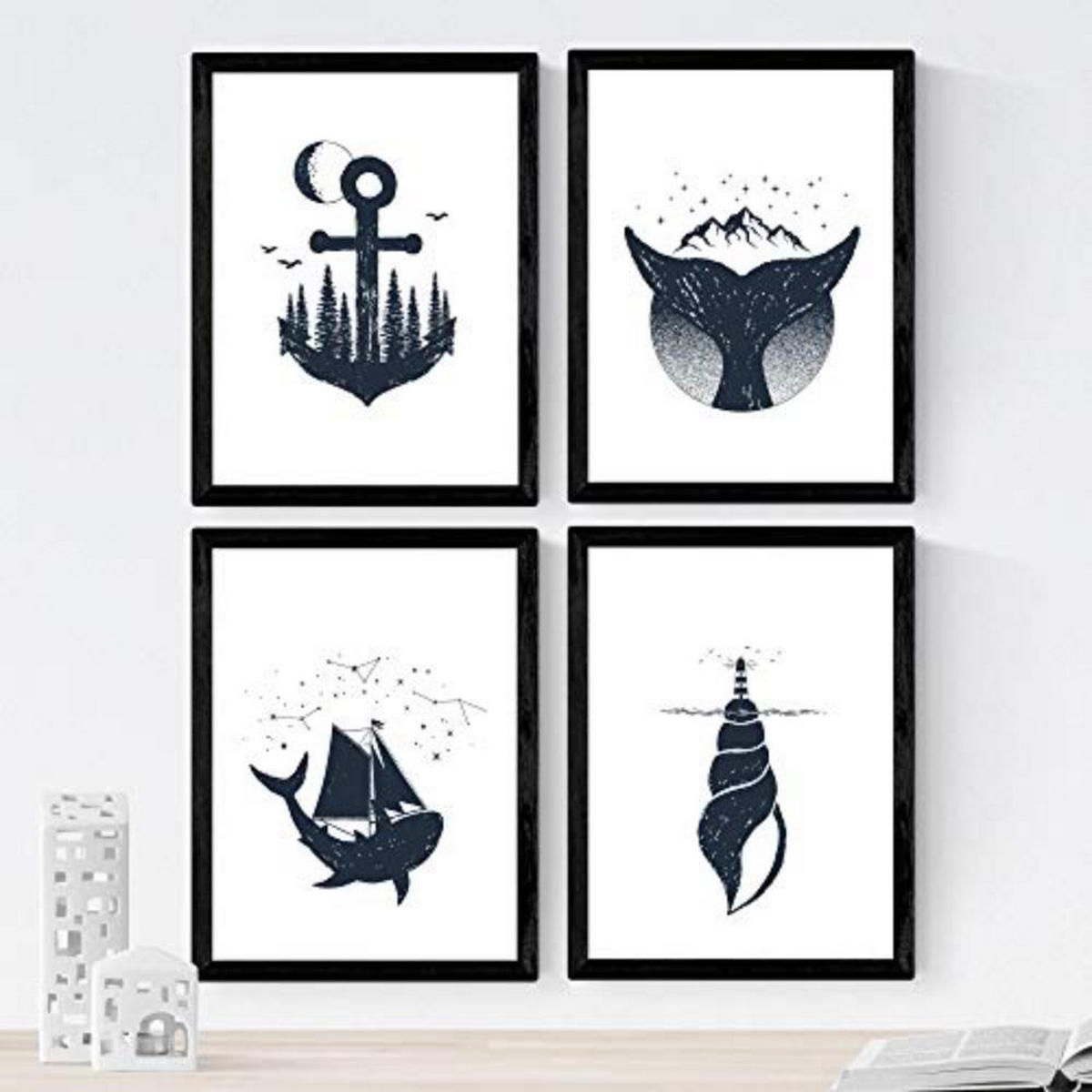 POSTER Set mit 4 Natur im nordischen Stil Elemente in blauweiß A4 Rahmenlos - Klar, Papier (29.7/3cm) - Nacnic