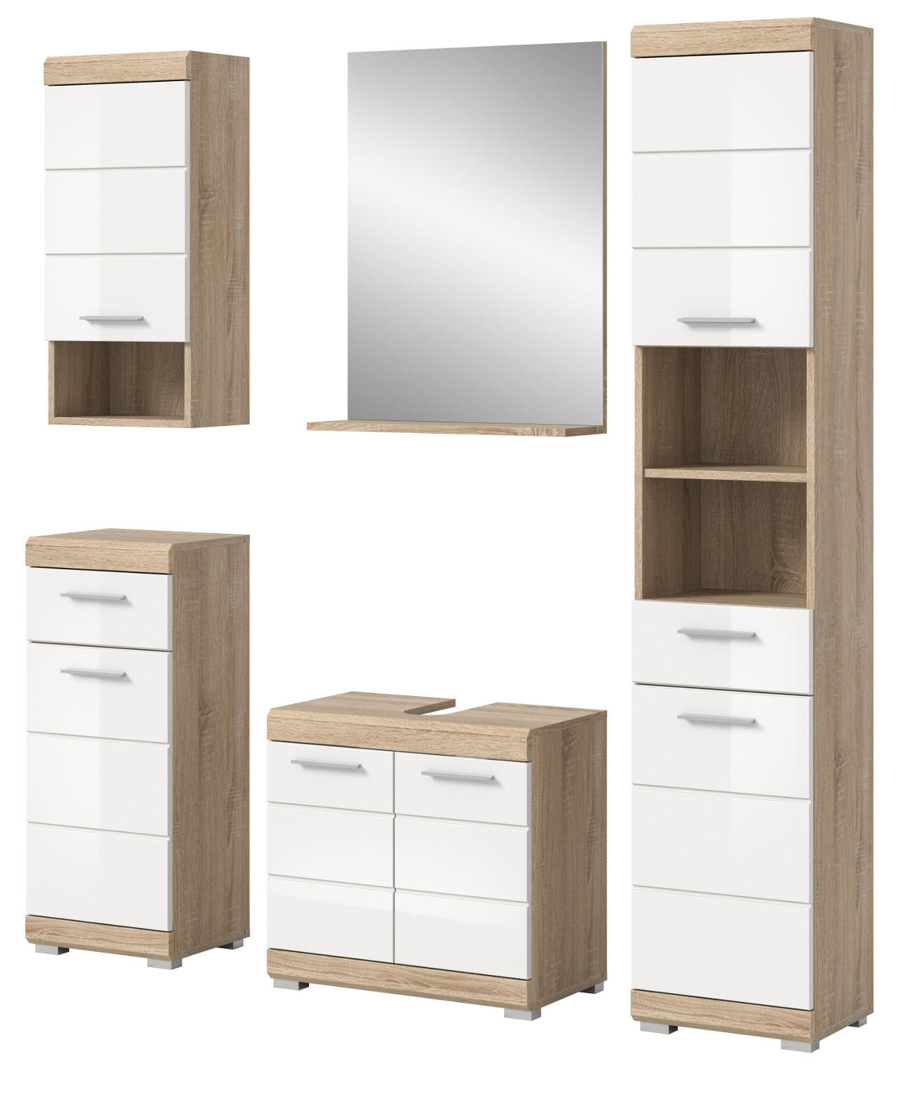 BADMÖBEL-SETWEISS Hochglanz, Eiche 5-teilig 164 cm, Komplettset mit viel Stauraum - Weiß Hochglanz/Eichefarben, Holzwerkstoff (164/191/34cm) - Inn.Furn