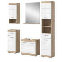 BADMÖBEL-SETWEISS Hochglanz, Eiche 5-teilig 164 cm, Komplettset mit viel Stauraum - Weiß Hochglanz/Eichefarben, Holzwerkstoff (164/191/34cm) - Inn.Furn