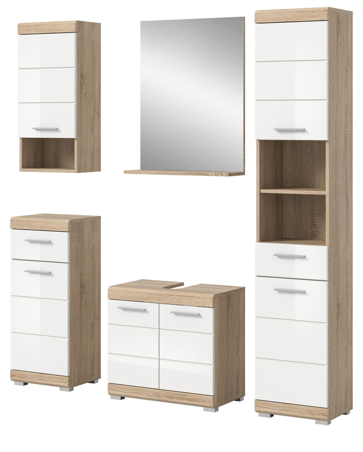 BADMÖBEL-SETWEISS Hochglanz, Eiche 5-teilig 164 cm, Komplettset mit viel Stauraum - Weiß Hochglanz/Eichefarben, Holzwerkstoff (164/191/34cm) - Inn.Furn