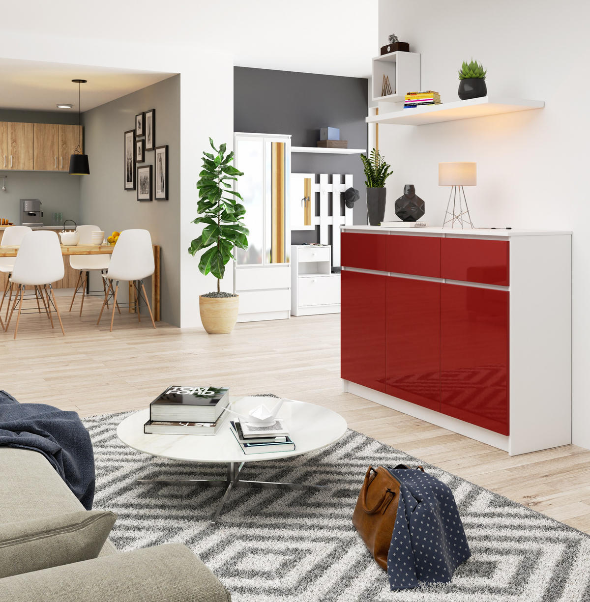 KOMMODE Weiß, Rot Glanz 99/138/40 - Weiß, Holzwerkstoff (138/99/40cm) - RAUMHIRSCH FURNITURE