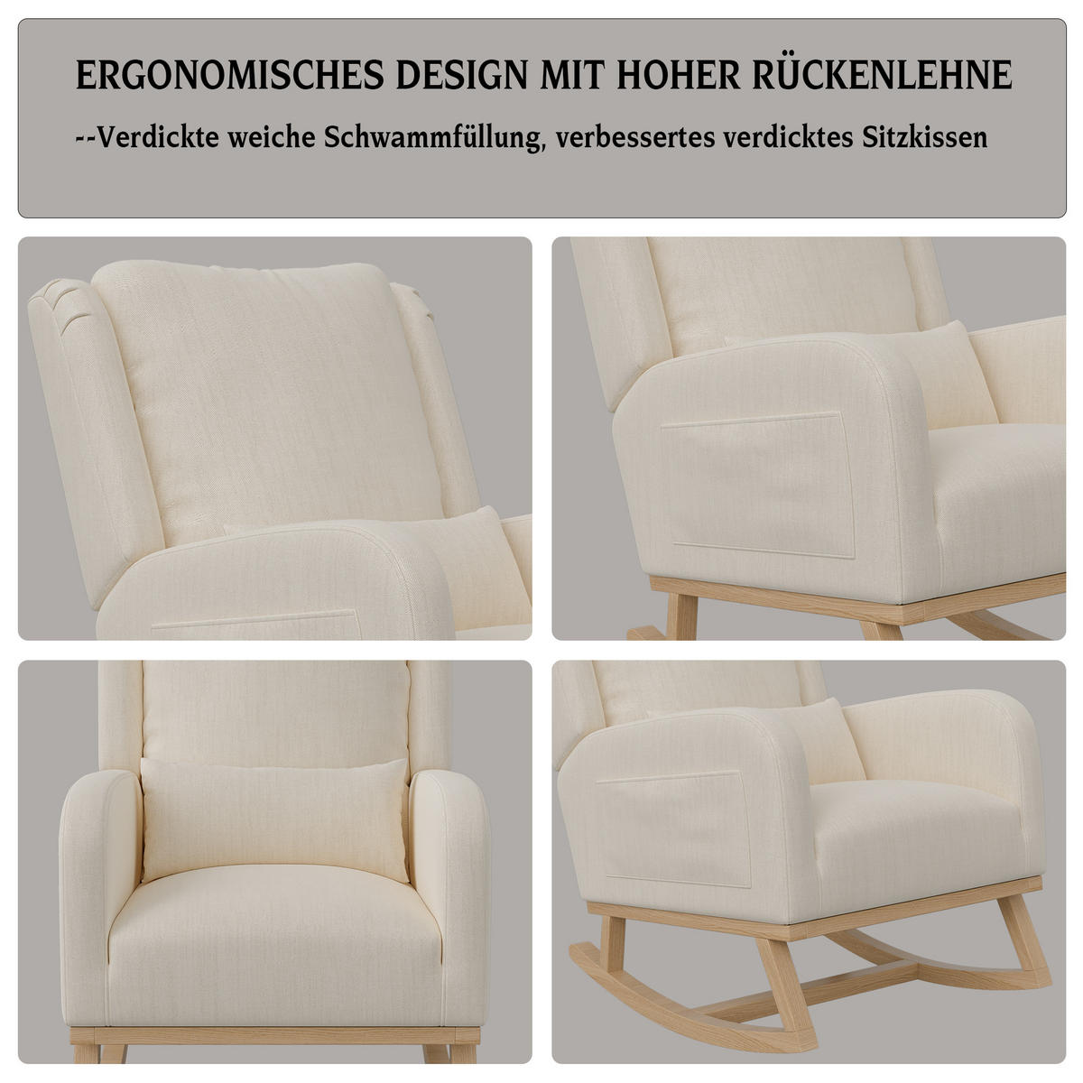 SCHAUKELSTUHL mit Massivholzrahmen, 2 Seitentaschen, Relaxsessel, Weiß - Beige, Holz (53/96/93cm)