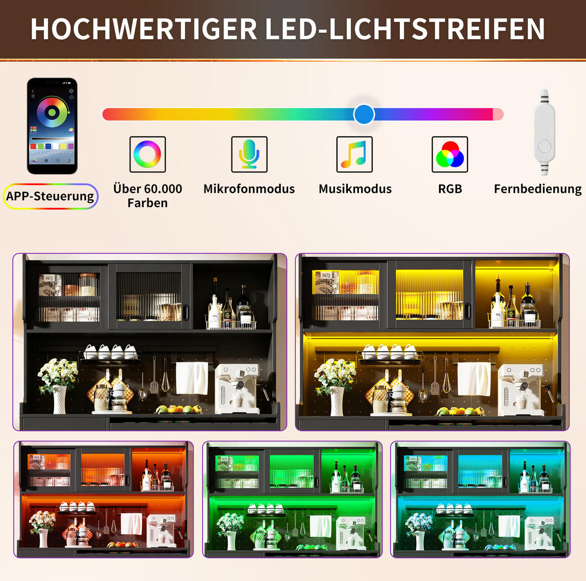 BUFFETSCHRANK 145/39/171 cm mit LED-Lichtleiste, Lochplatte und viel Stauraum aus MDF, Schwarz - Schwarz, Holzwerkstoff (145/171/39cm) - Redom