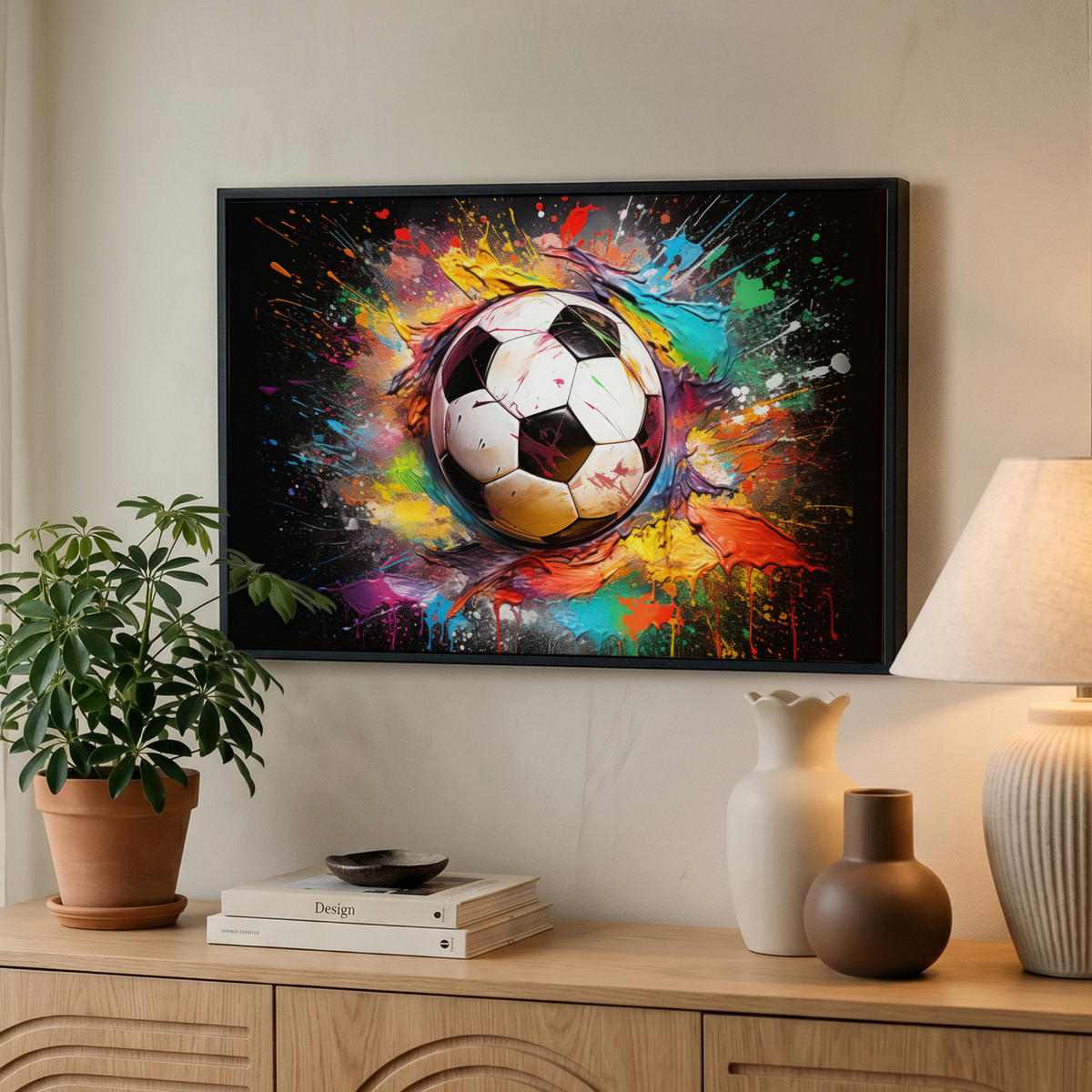 LEINWAND Bilder mit Rahmen - Fußball - Farbe - Farben - Schwarz - Weiß - 60x40 - Weiß, Textil (60/40cm) - MuchoWow