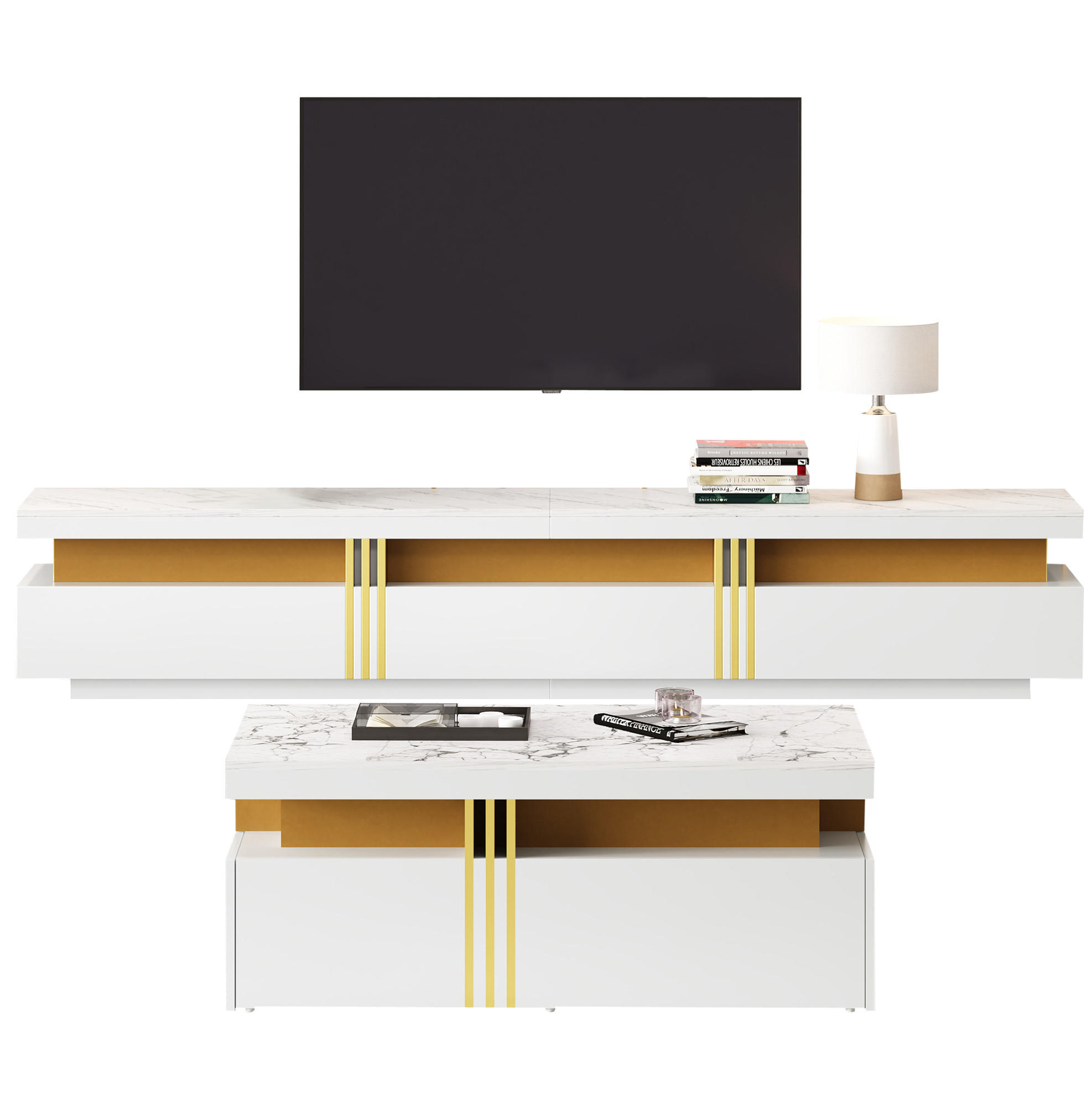 TV-ELEMENT aus Spanplatte, TV-Schrank 200x40x42 cm und Couchtisch 100x50x40 cm, Weiß, mit Schubladen und Marmor-Optik - Weiß, Holzwerkstoff (200/42/40cm) - Modfu